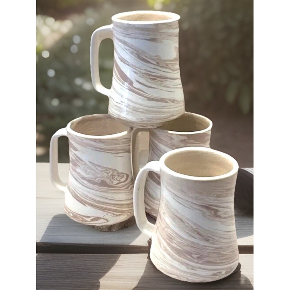 VTG Art Studio Pottery Mug Set MCM Marbled Ceramic Minimalist Earthy French 4PC